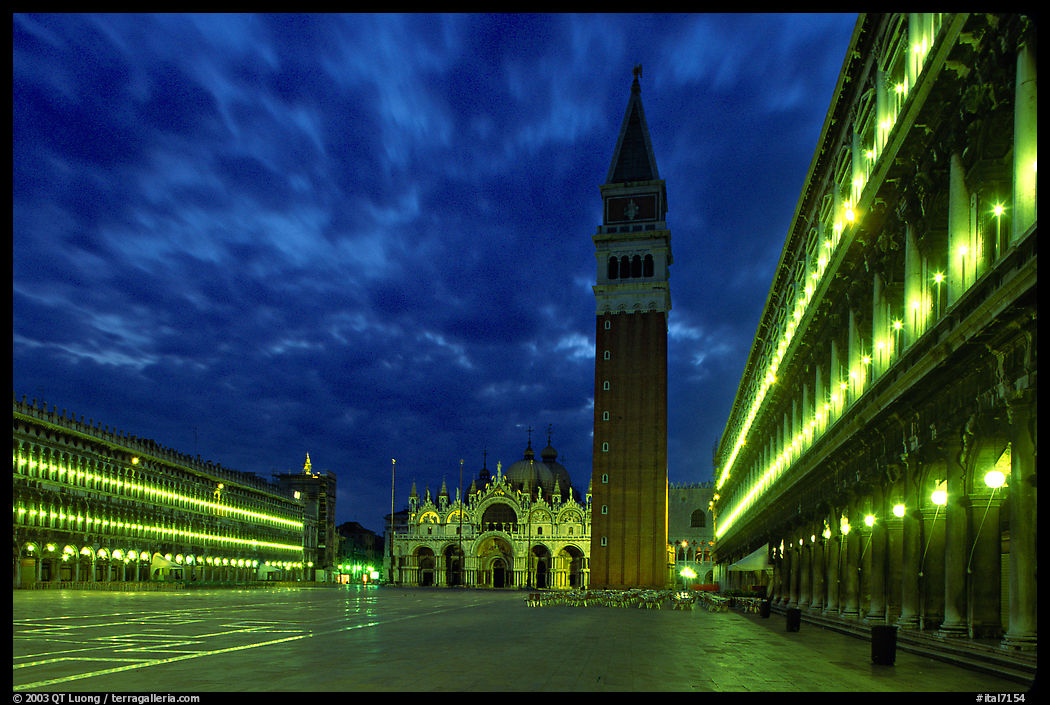 Campanile and Piazza San Marco (Square Saint Mark) at night. Venice, Veneto, Italy