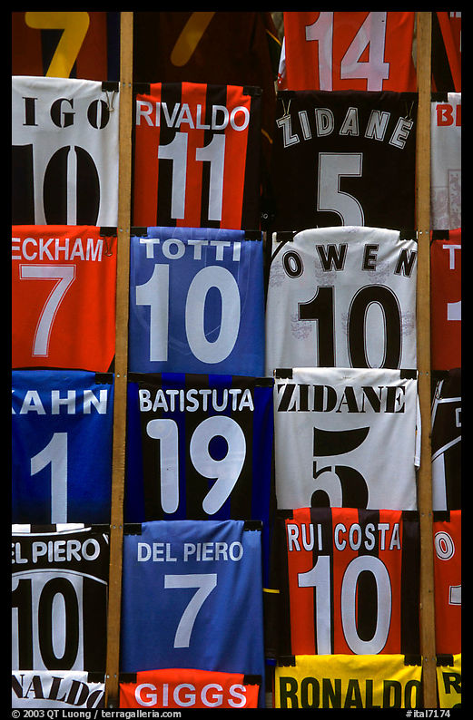 T-Shirts with colors of popular Italian soccer teams. Florence, Tuscany, Italy