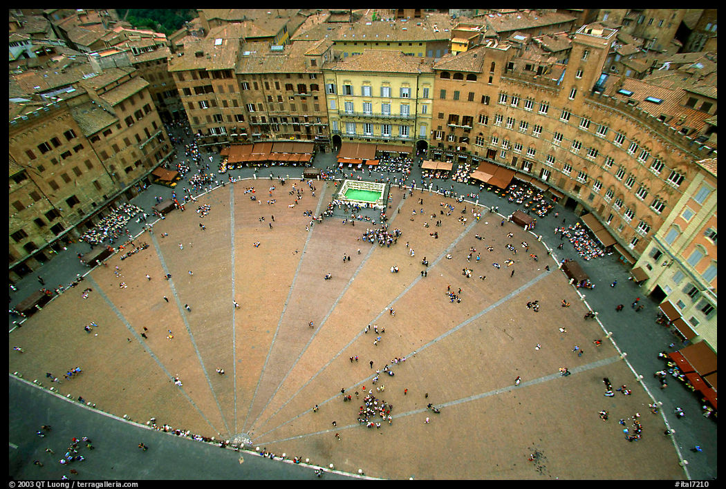 Piazza Del Campo. The square's paving is divided into nine sectors, representing the members of the Coucil of Nine.. Siena, Tuscany, Italy