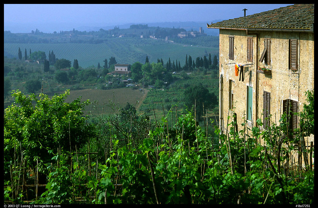 Gardens and countryside on the periphery of the town. San Gimignano, Tuscany, Italy