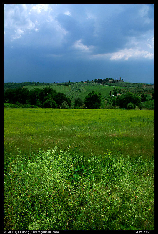 Field and distant village under storm skies. Tuscany, Italy