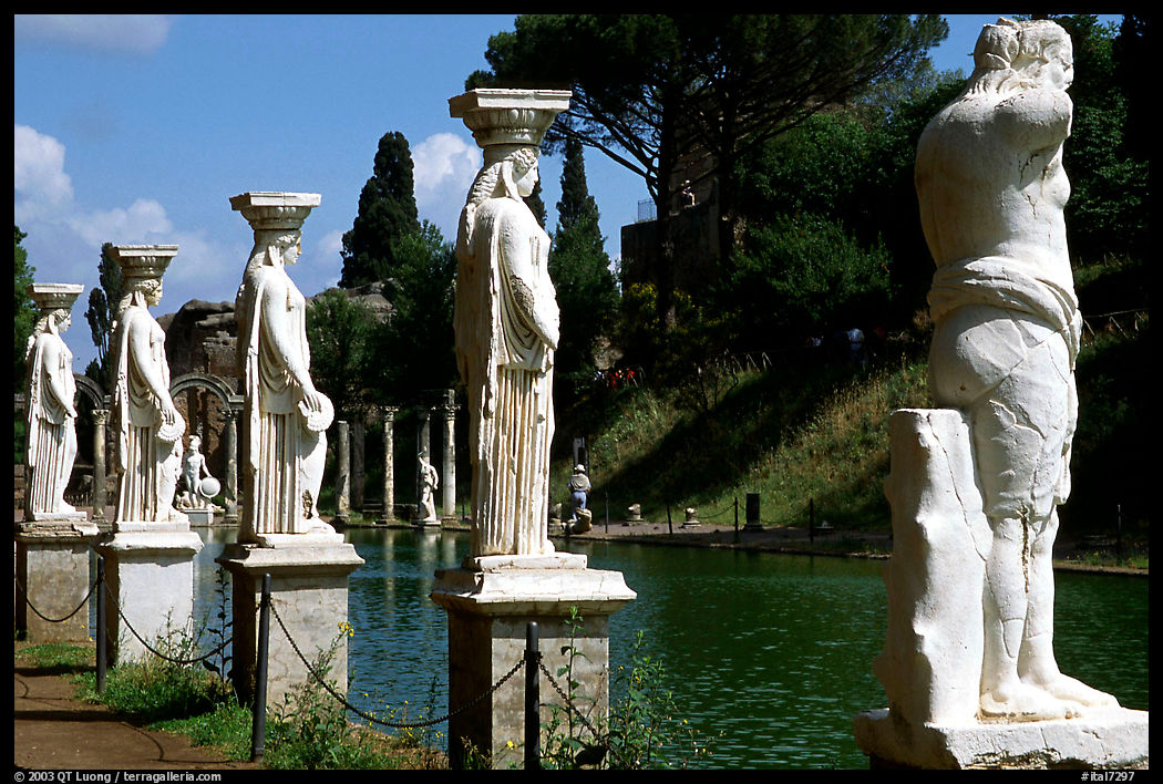 Antique statues along the Canopus, Villa Hadriana. Tivoli, Italy