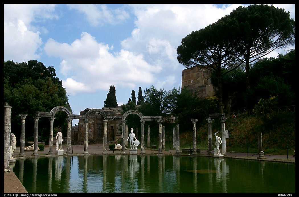 Antique statues along the Canopus, Villa Adriana. Tivoli, Italy
