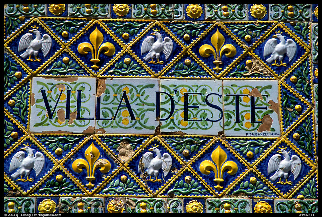 Ceramic sign at the entrance of Villa d'Este. Tivoli, Lazio, Italy