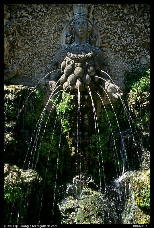 Water-sprouting grotesque figure, Villa d'Este. Tivoli, Lazio, Italy