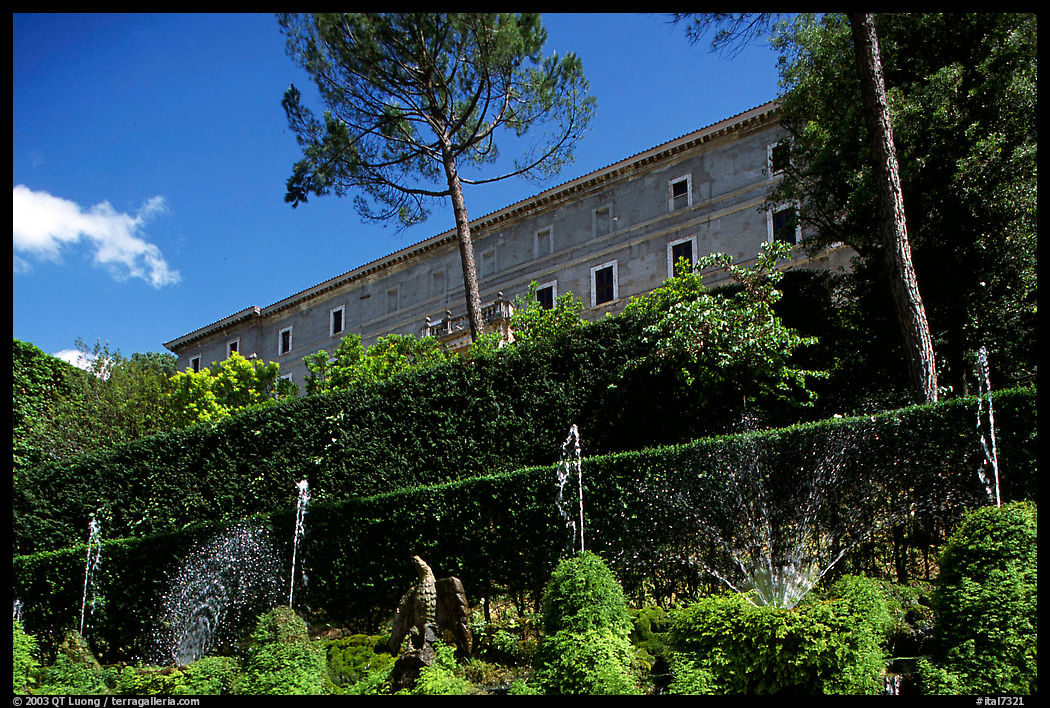 The Villa d'Este seen from the lower terraces of the garden. Tivoli, Lazio, Italy