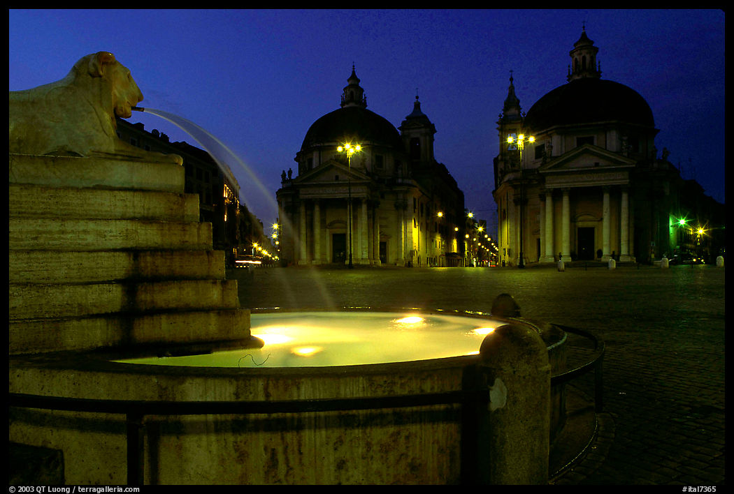 Fountain in Piazza Del Popolo at night. Rome, Lazio, Italy