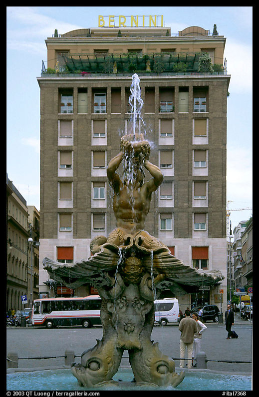 Tritone Fountain and hotel Bernini. Rome, Lazio, Italy