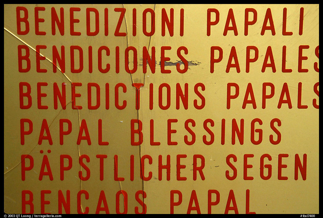 Papal Blessings sign in many languages. Vatican City, Rome, Lazio, Italy