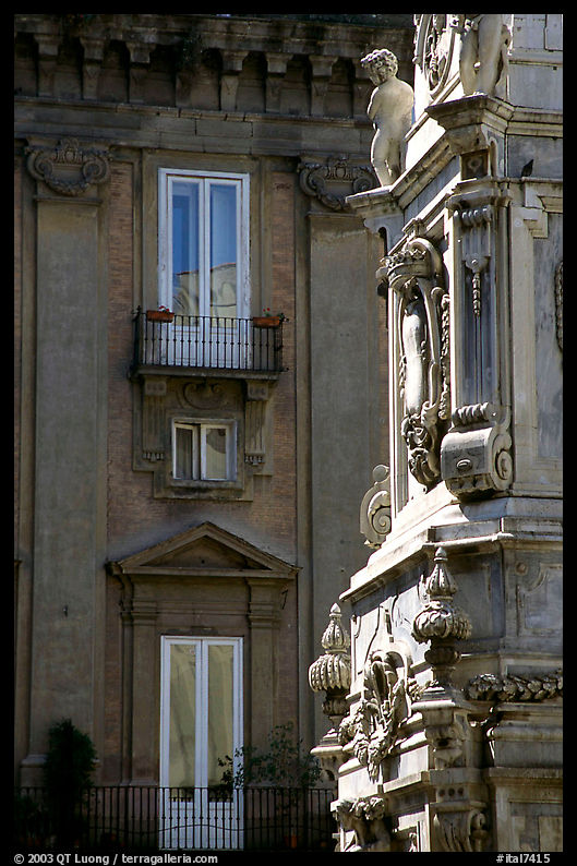 Base of Guglia in Piazza San Domenico Maggiore. Naples, Campania, Italy