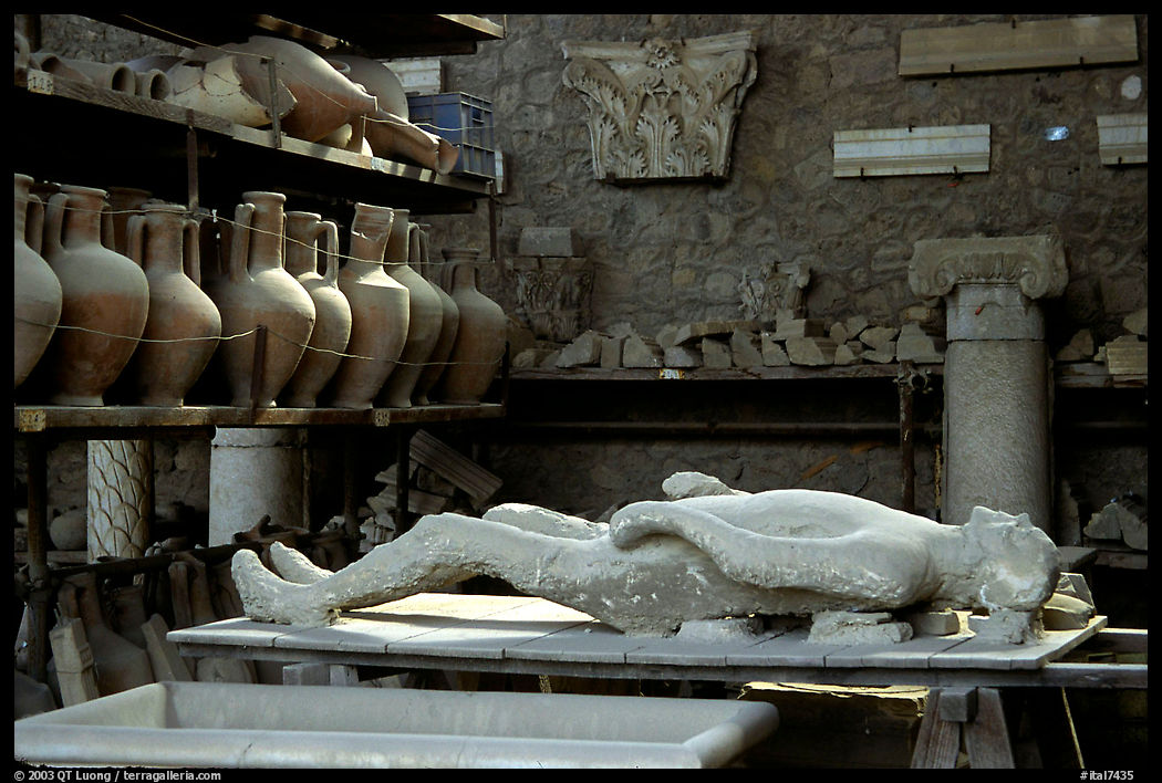 Artifacts found during the excavations, including a petrified man. Pompeii, Campania, Italy