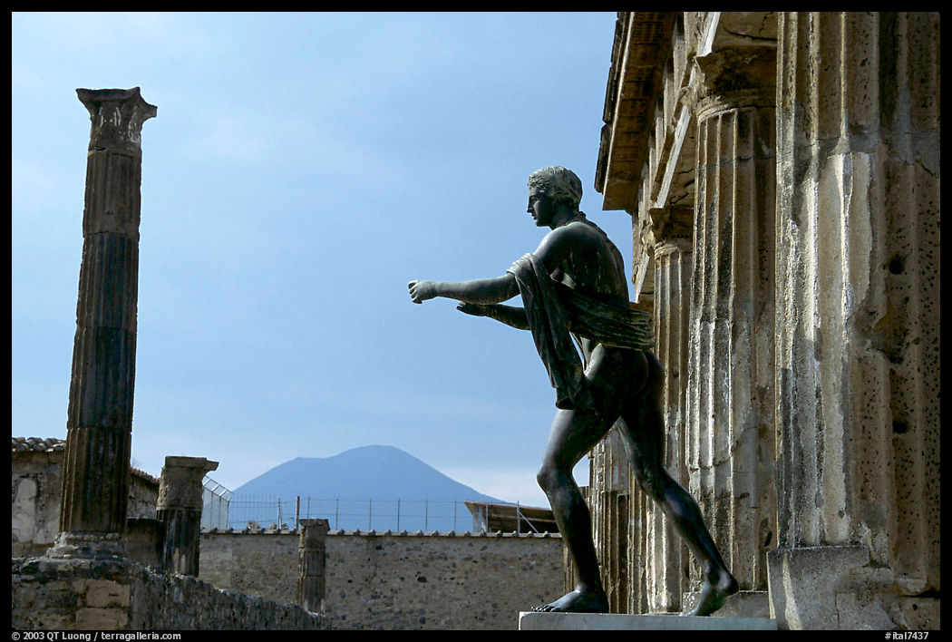 Statue of Apollon, Temple, and Mt Vesuvius. Pompeii, Campania, Italy