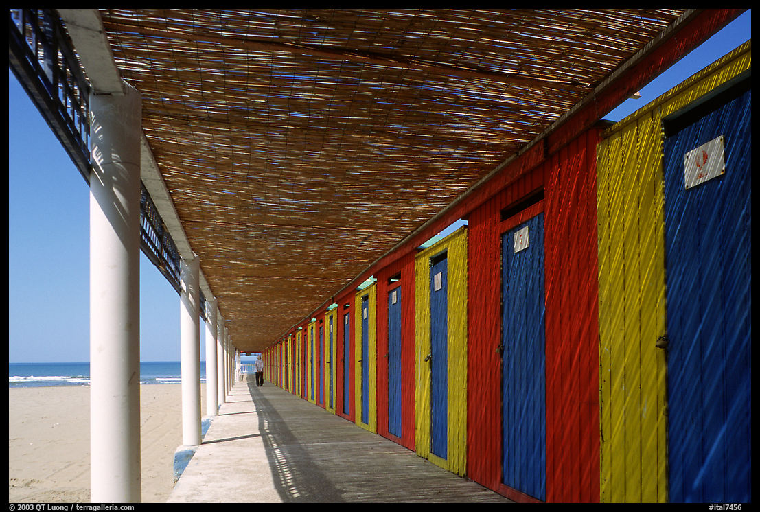Row of changing cabins, Paestum. Campania, Italy