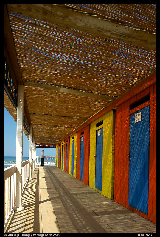 Row of changing cabins, Paestum. Campania, Italy