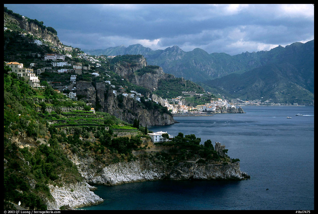 Coastline with Amalfi in the background. Amalfi Coast, Campania, Italy