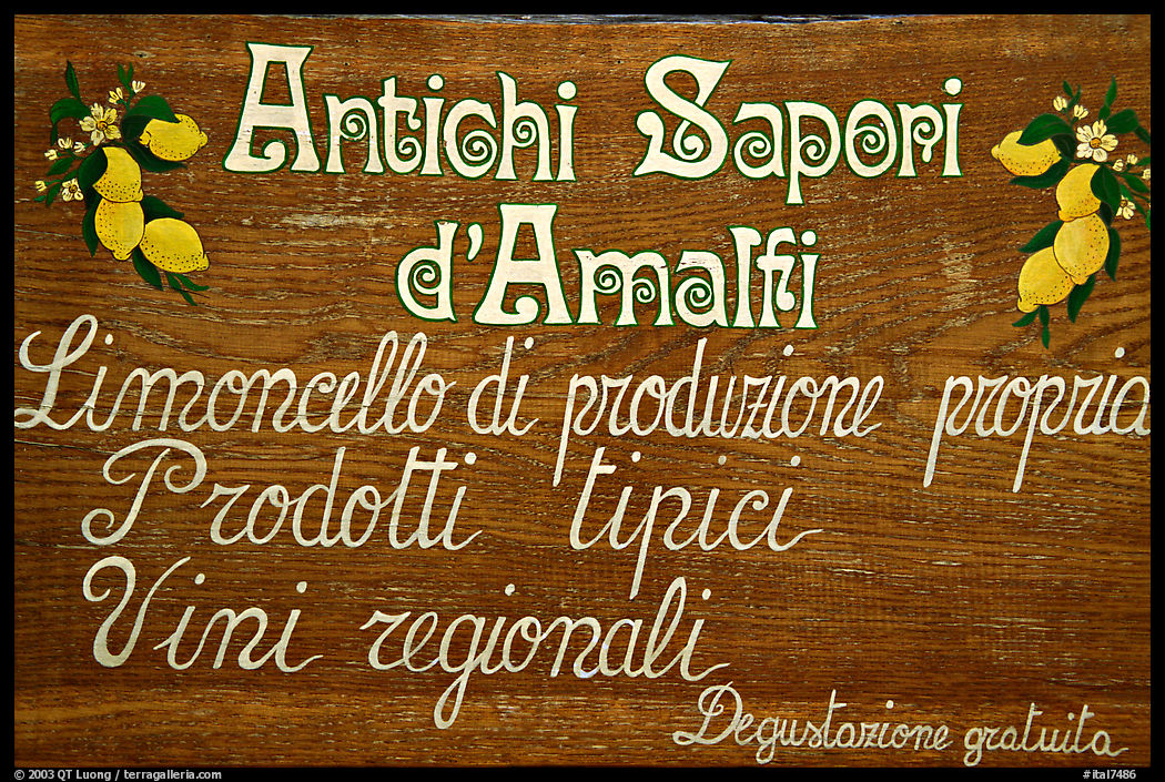 Sign advertising Lemoncelo, the local lemon-based liquor, Amalfi. Amalfi Coast, Campania, Italy