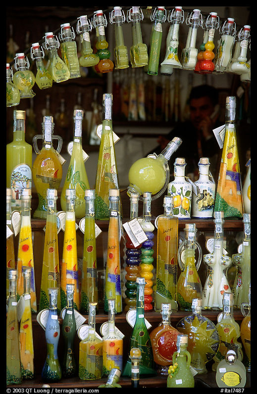 Bottles of Lemoncelo, the local lemon-based liquor, Amalfi. Amalfi Coast, Campania, Italy