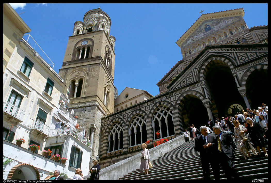 Flight of stairs and ornate Duomo Sant'Andrea, Amalfi. Amalfi Coast, Campania, Italy