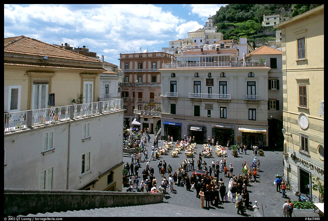 Plazza with wedding party seen from the stairs of Duomo Sant'Andrea, Amalfi. Amalfi Coast, Campania, Italy