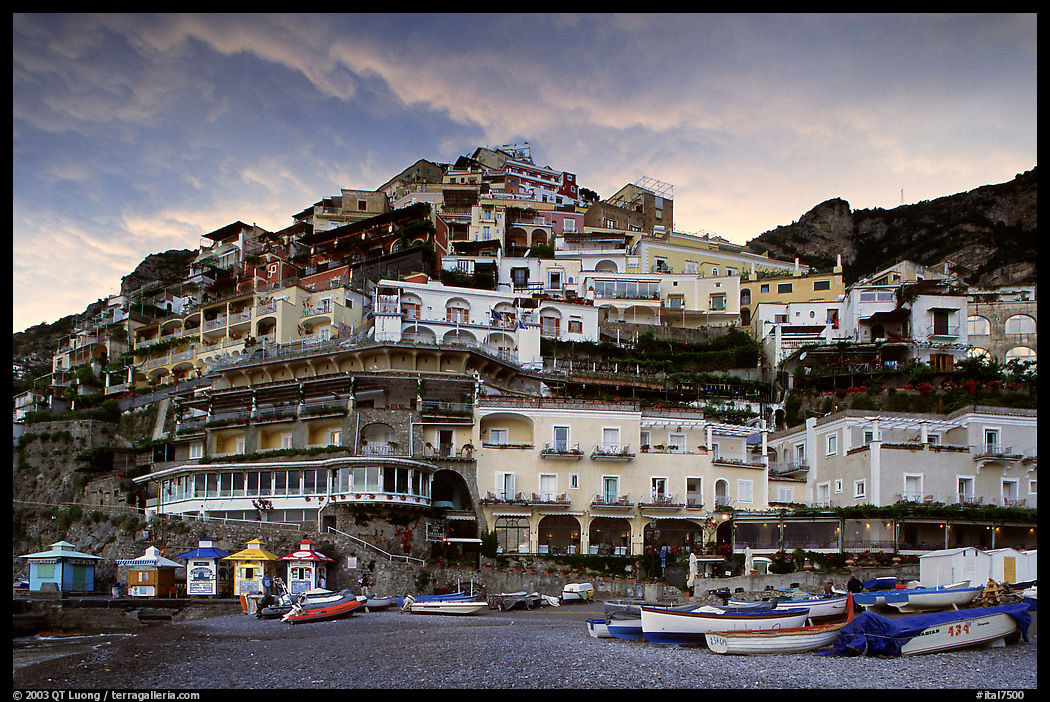 Wedding cake hill at sunset, Positano. Amalfi Coast, Campania, Italy