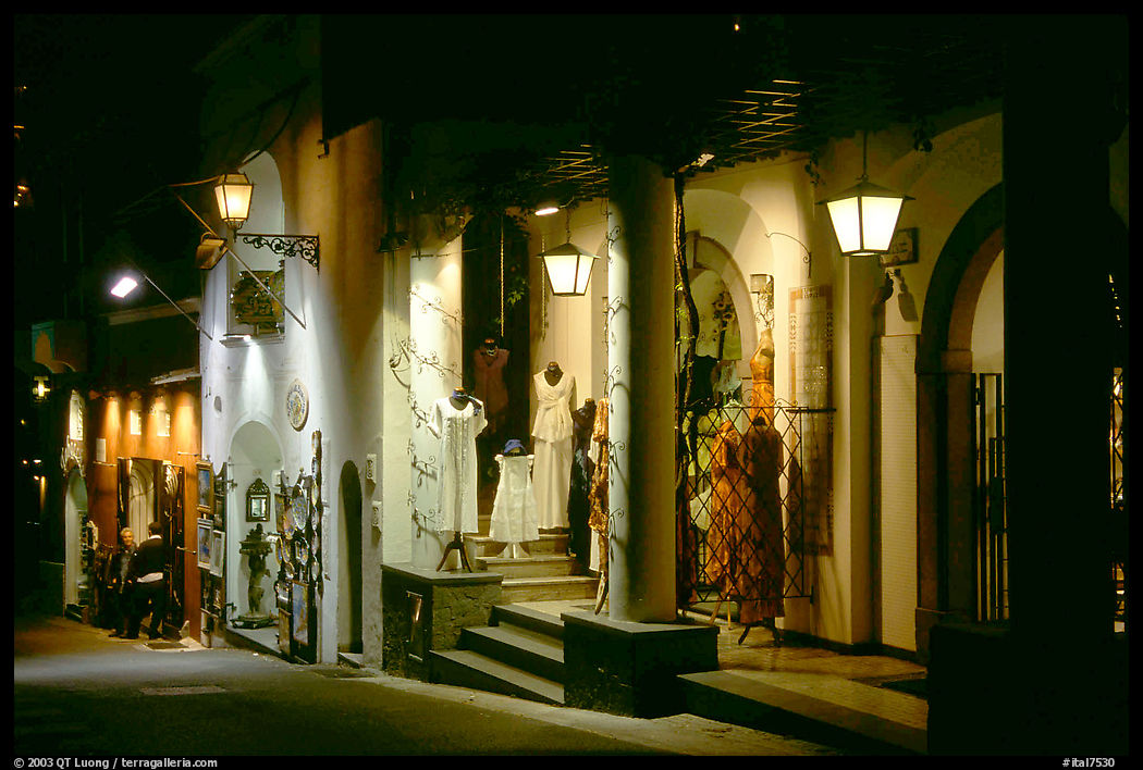 Expensive stores at night on Via Pasitea. Amalfi Coast, Campania, Italy