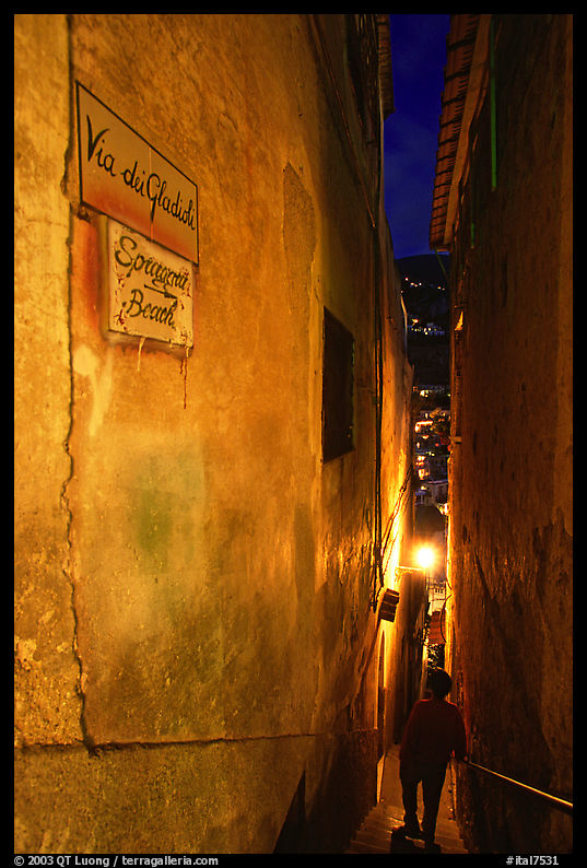 Narrow stairway at night, Positano. Amalfi Coast, Campania, Italy