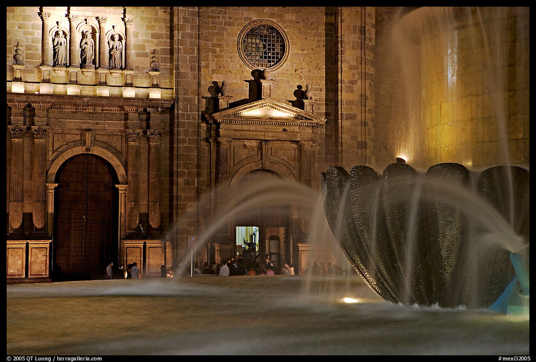 Fountain and cathedral wall by night. Guadalajara, Jalisco, Mexico