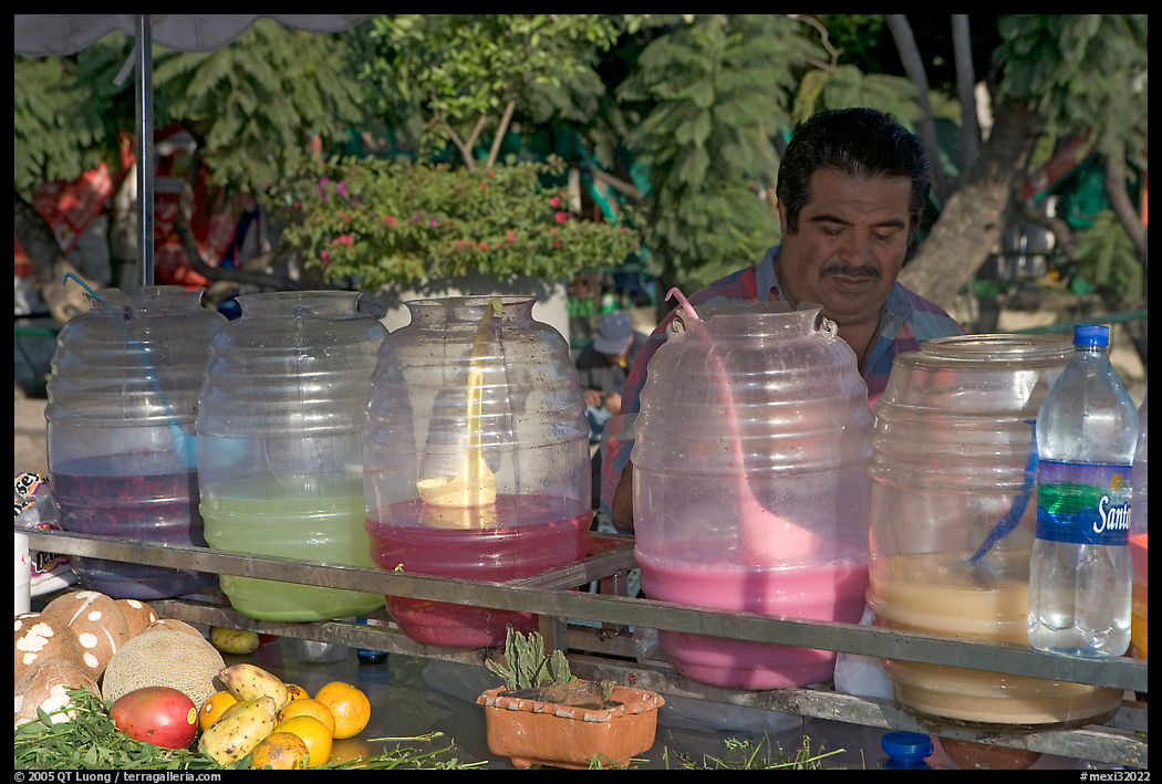 Multicolored drinks offered on a street stand. Guadalajara, Jalisco, Mexico