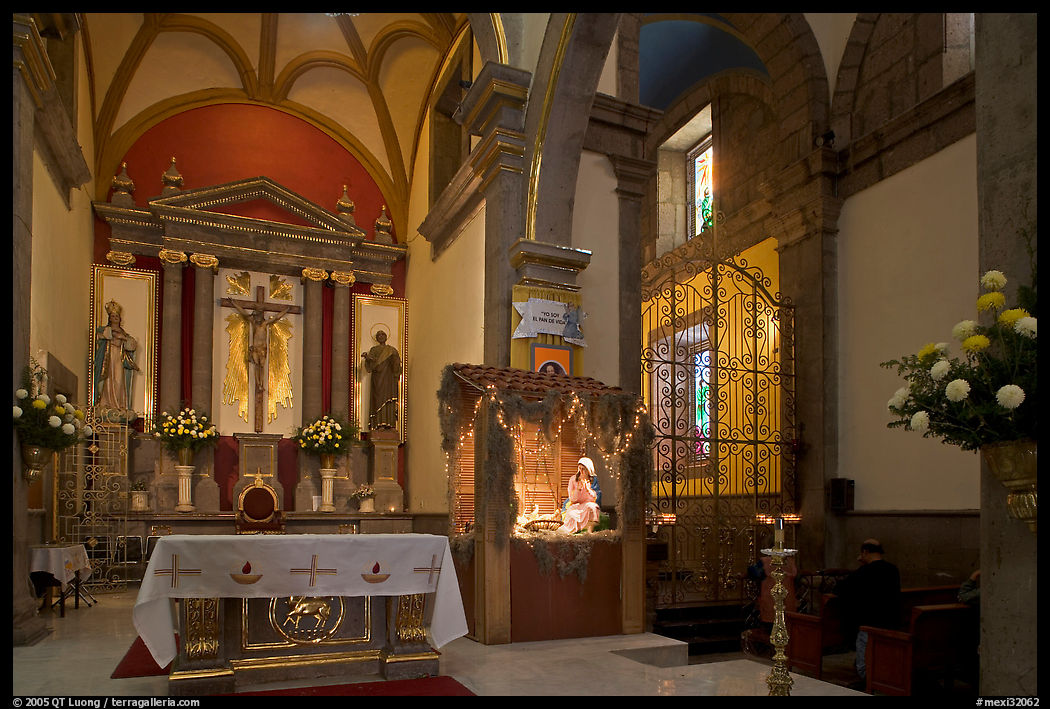 Interior of church with altar and nativity, Tlaquepaque. Jalisco, Mexico