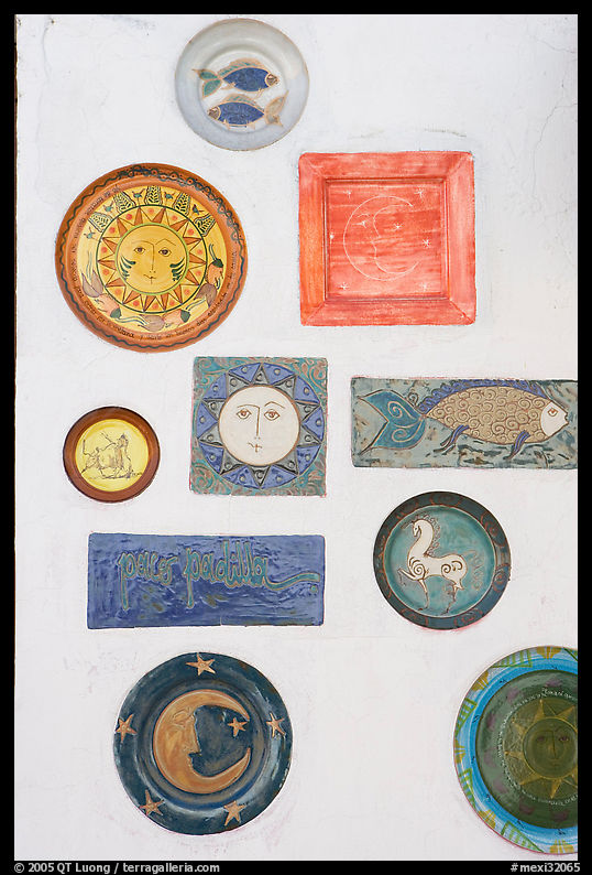 Ceramic plates decorating a wall, Tlaquepaque. Jalisco, Mexico