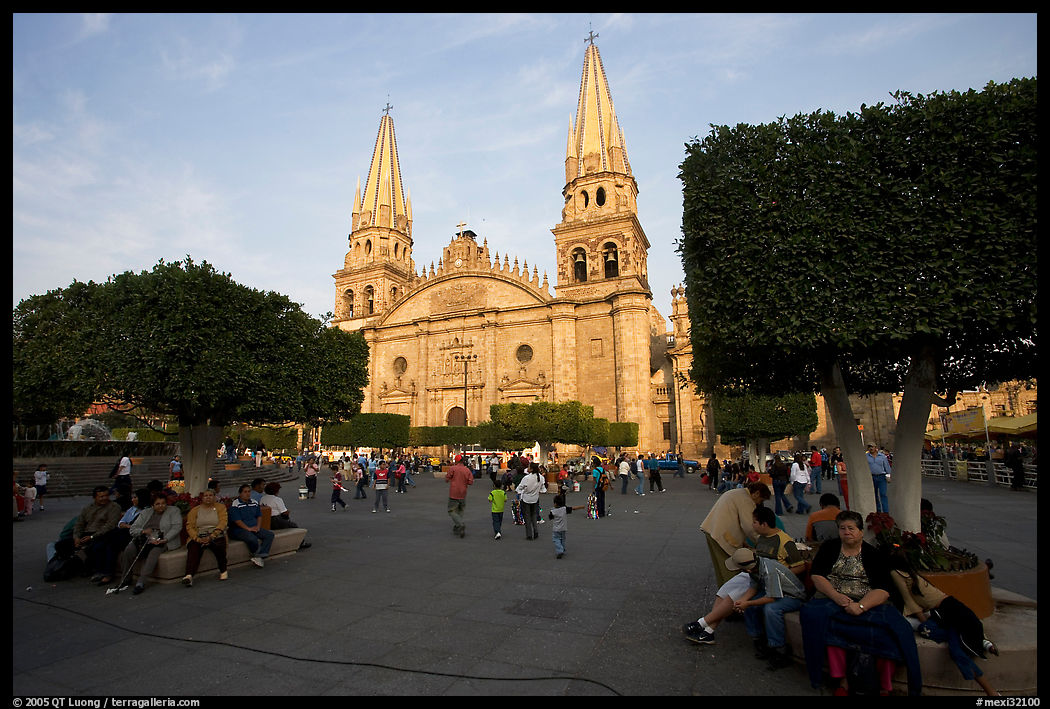 Plaza de los Laureles, planted with laurels, and Cathedral. Guadalajara, Jalisco, Mexico
