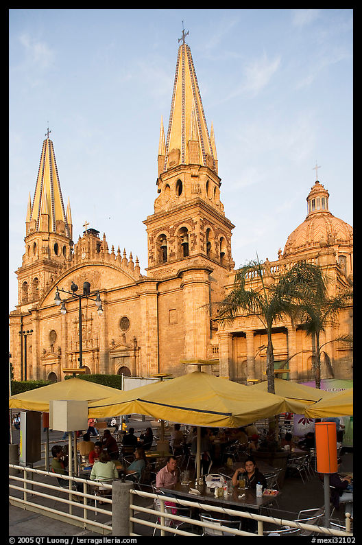 Restaurant and cathedral, late afternoon. Guadalajara, Jalisco, Mexico