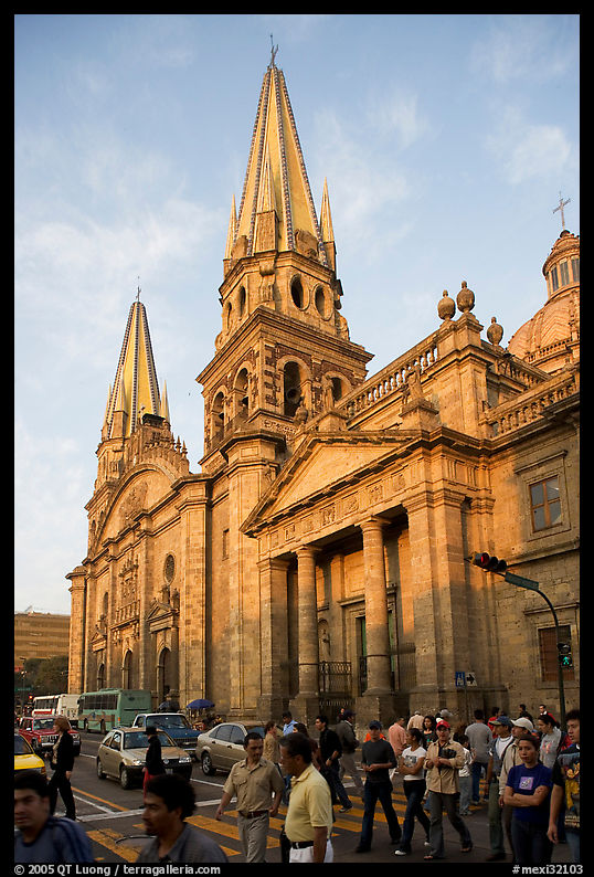 Street crossing and Cathedral, late afternoon. Guadalajara, Jalisco, Mexico