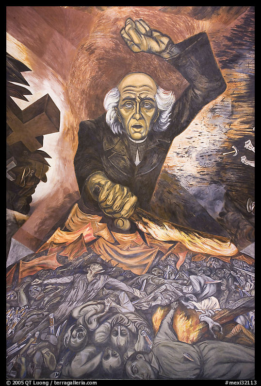 Portrait of Miguel Hidalgo painted by muralist Jose Clemente Orozco in the Government Palace. Guadalajara, Jalisco, Mexico