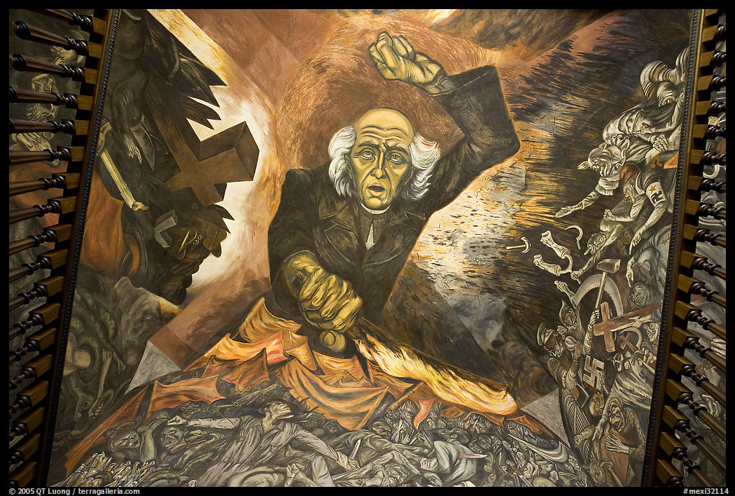 Stairway ceiling with portrait of angry Miguel Hidalgo by  Jose Clemente Orozco. Guadalajara, Jalisco, Mexico