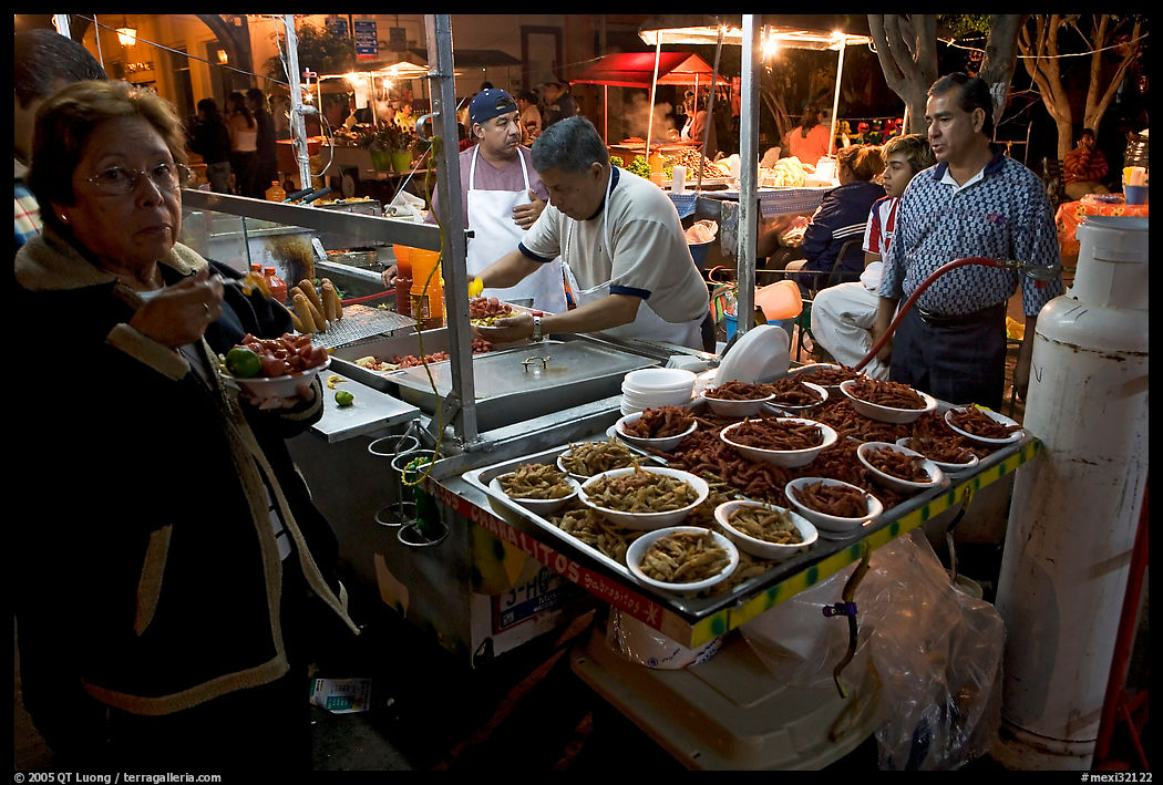 Woman eating by a street food stand , Tlaquepaque. Jalisco, Mexico