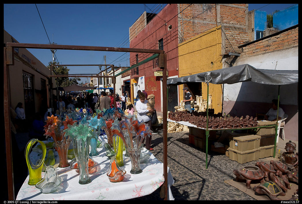 Stands in the sunday town-wide arts and crafts market, Tonala. Jalisco, Mexico