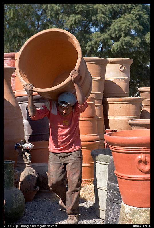 Man carrying a heavy pot, Tonala. Jalisco, Mexico