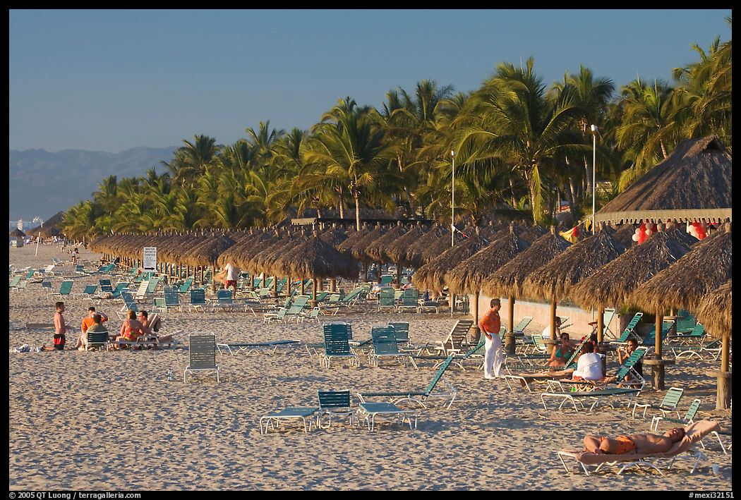 Beach front with sun shades and palm trees, Nuevo Vallarta, Nayarit. Jalisco, Mexico