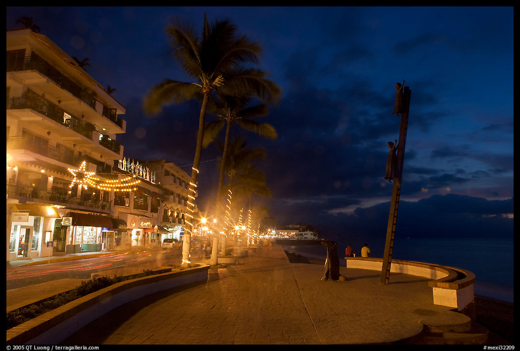 Palm trees and sculpture on Malecon at night, Puerto Vallarta, Jalisco. Jalisco, Mexico