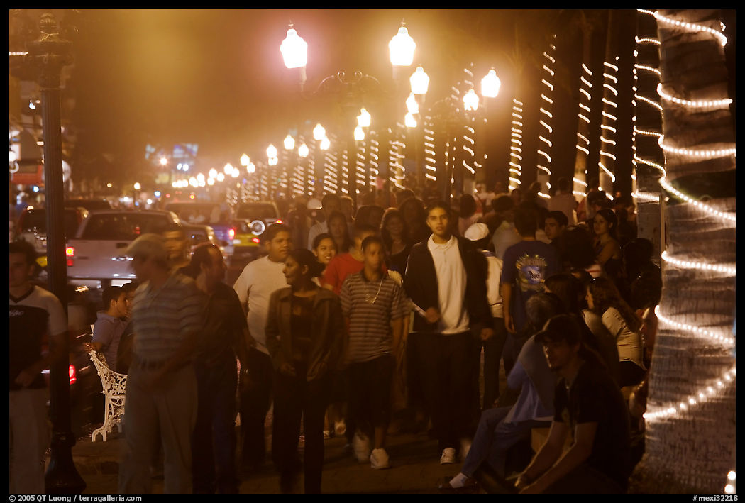 Crowds on the Malecon at night, Puerto Vallarta, Jalisco. Jalisco, Mexico