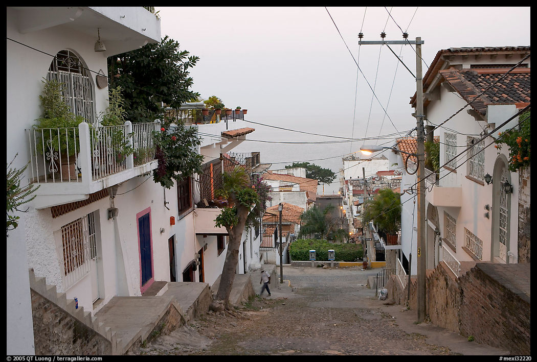 Steep street in morning foggy weather, Puerto Vallarta, Jalisco. Jalisco, Mexico
