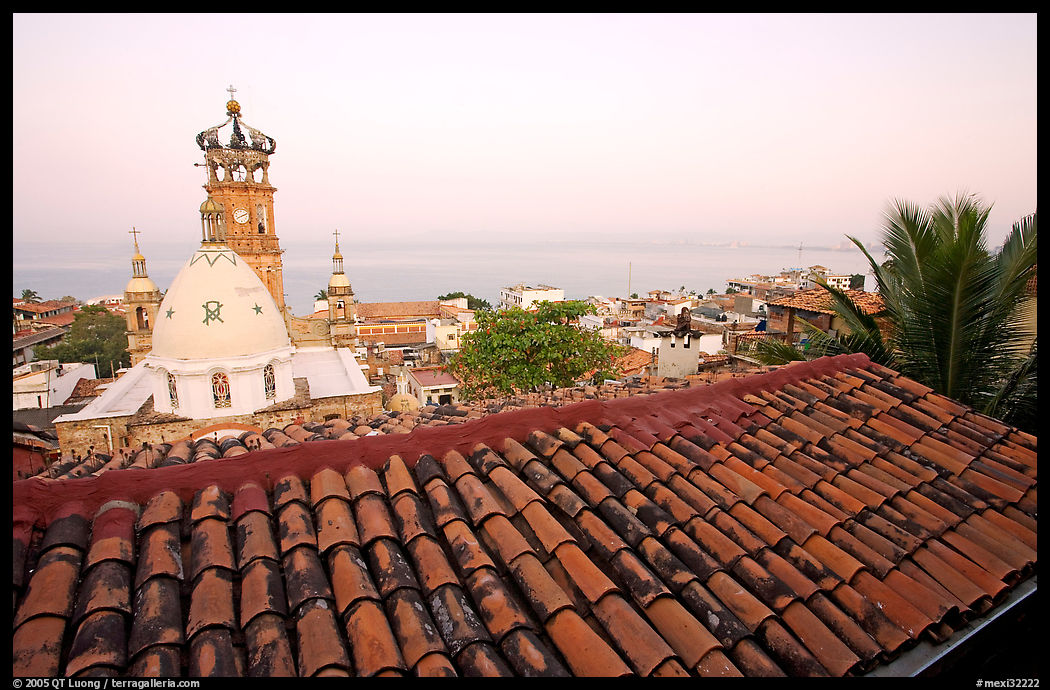 Tiled rooftop and Cathedral, and ocean at dawn, Puerto Vallarta, Jalisco. Jalisco, Mexico
