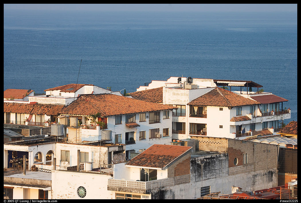 White adobe buildings with red tiled roofs, Puerto Vallarta, Jalisco. Jalisco, Mexico