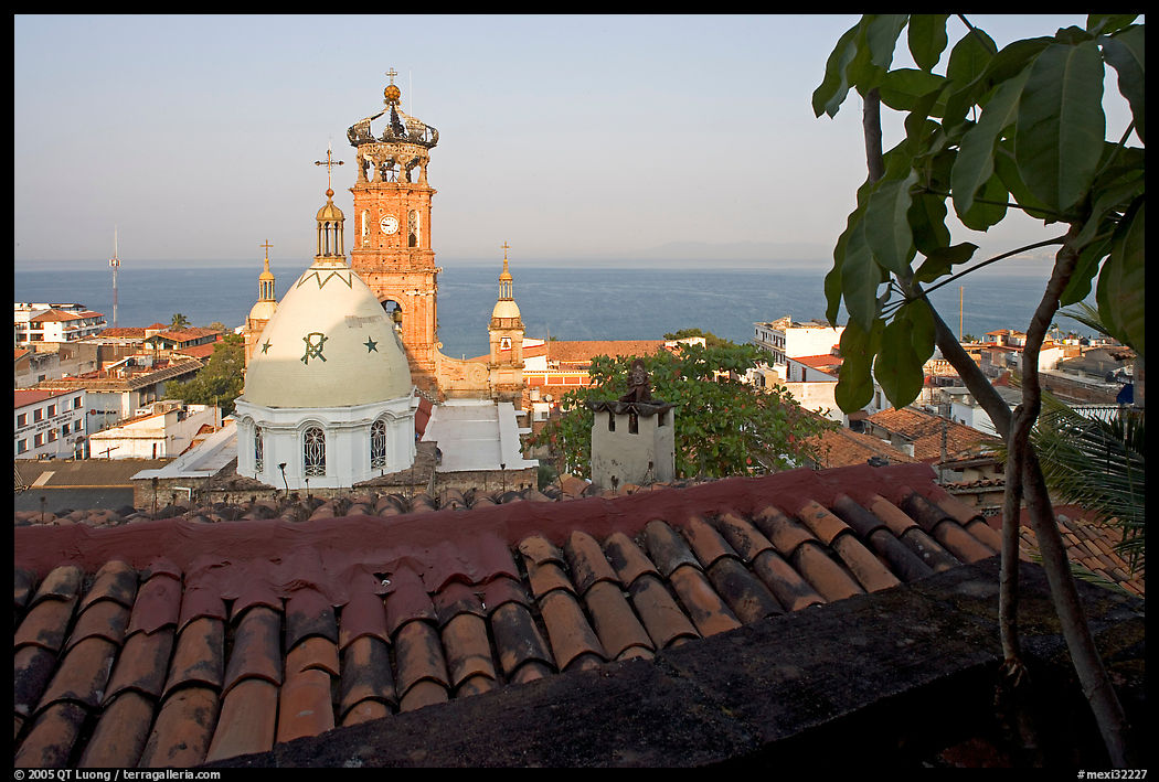 Red-tiled roof and Templo de Guadalupe Cathedral, early morning, Puerto Vallarta, Jalisco. Jalisco, Mexico