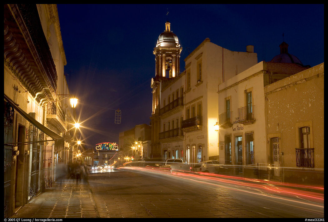 Street by night with light trails. Zacatecas, Mexico