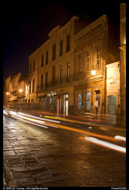 Street by night with light trails. Zacatecas, Mexico