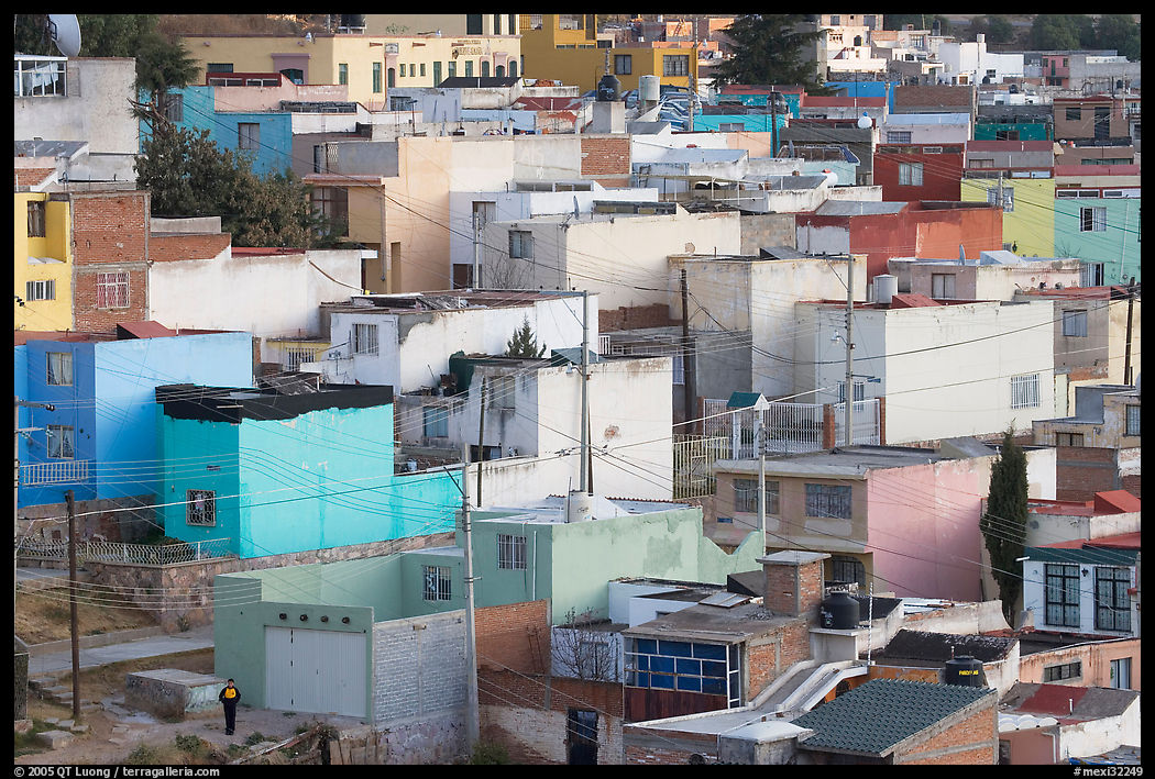 Neighborhood of houses painted in bright colors. Zacatecas, Mexico