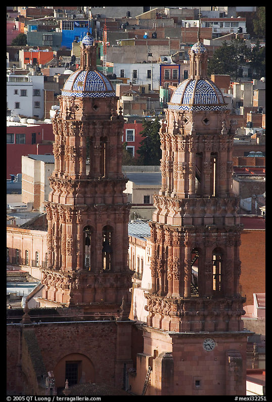 Twin towers of the Cathedral in Churrigueresque style. Zacatecas, Mexico