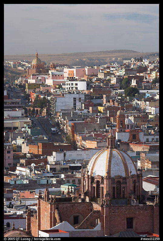 Dome of the Cathedral with Temple of Fatina in the background. Zacatecas, Mexico